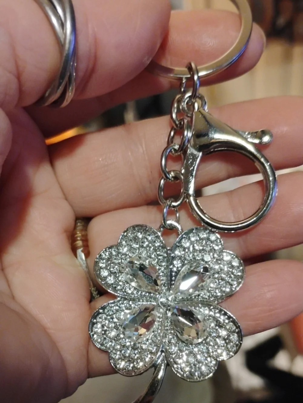 Silver Crystal Four-Leaf Clover Keychain Bag Charm- Sparkling Women's Accessory
